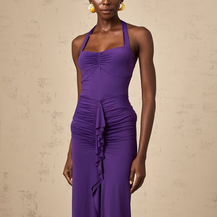 Bailey Purple Halterneck Ruched Midi Dress