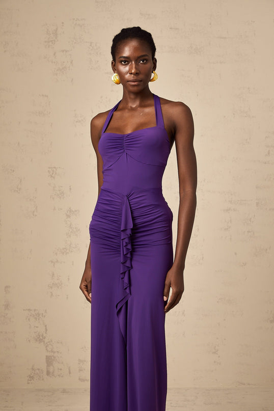 Bailey Purple Halterneck Ruched Midi Dress