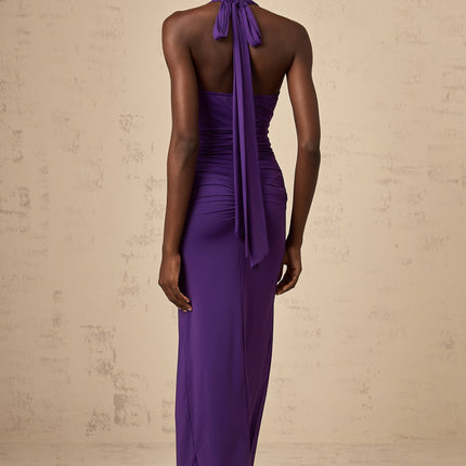 Bailey Purple Halterneck Ruched Midi Dress