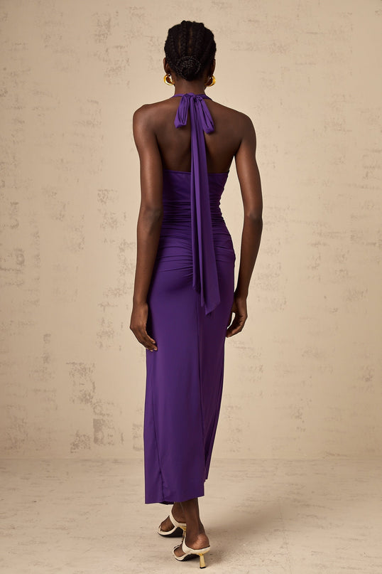 Bailey Purple Halterneck Ruched Midi Dress