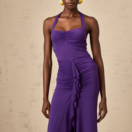 Bailey Purple Halterneck Ruched Midi Dress