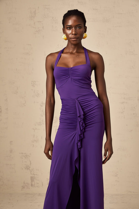 Bailey Purple Halterneck Ruched Midi Dress