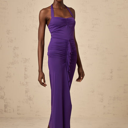 Bailey Purple Halterneck Ruched Midi Dress