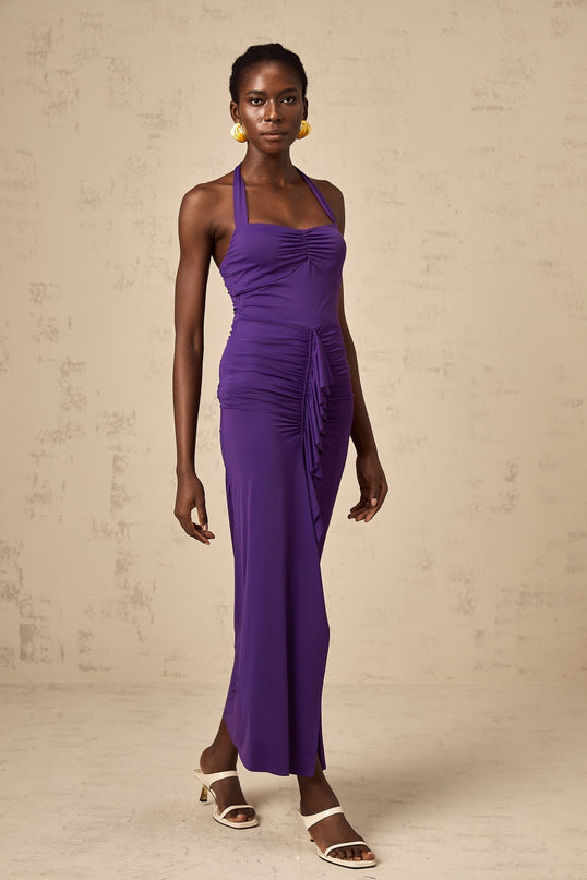 Bailey Purple Halterneck Ruched Midi Dress