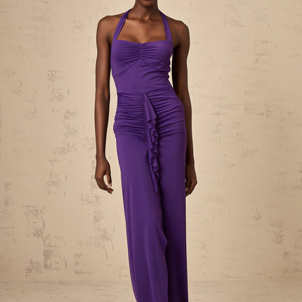 Bailey Purple Halterneck Ruched Midi Dress