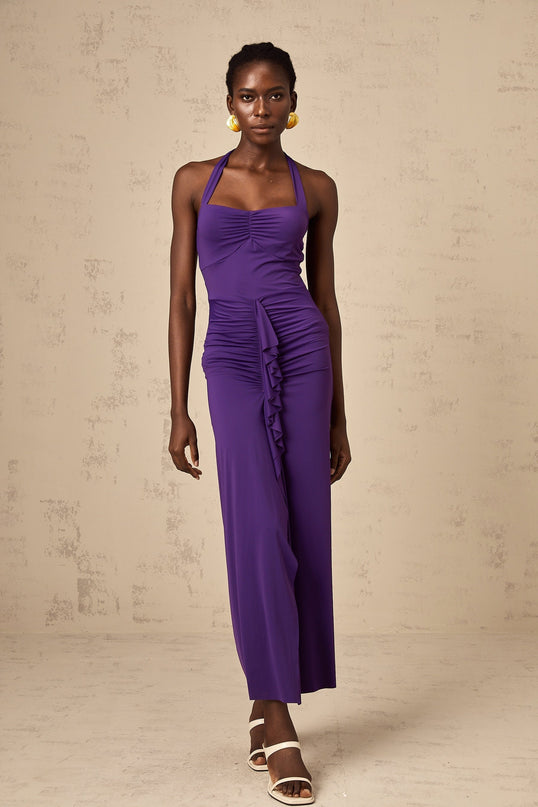 Bailey Purple Halterneck Ruched Midi Dress