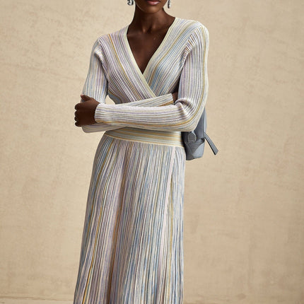 Bailey Ribbed Knit Midi Dress in Light Purple & Multicolor with Metallic Threading and Elasticated Waist