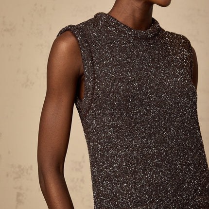 Bailey Sequined Knit Mini Dress in Barley Brown Sleeveless Round Neck Knitted with Sequin Embellishments Front Patch Pockets Straight Hem Thigh-length Polyester Viscose Blend