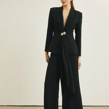 Barbara Black Jacket Trousers Pleated Ribbon Set