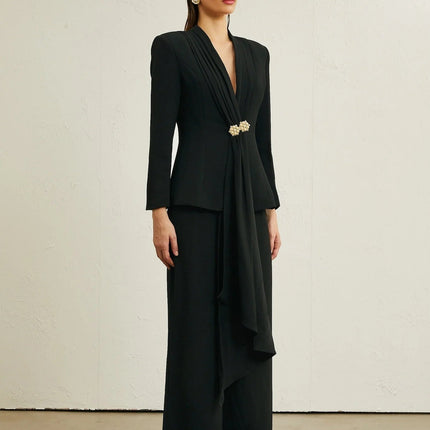 Barbara Black Jacket Trousers Pleated Ribbon Set