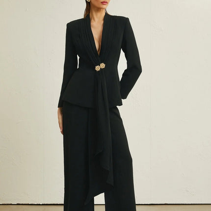 Barbara Black Jacket and Trousers Pleated Ribbon Set