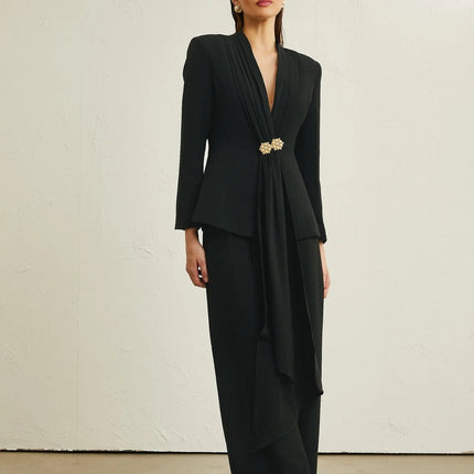 Barbara Black Jacket Trousers Pleated Ribbon Set