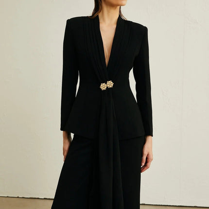 Barbara Black Jacket Trousers Pleated Ribbon Set