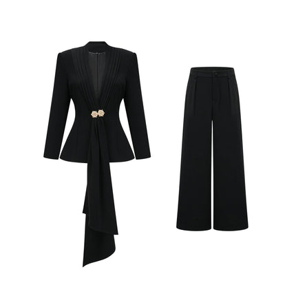 Barbara Black Jacket Trousers Pleated Ribbon Set