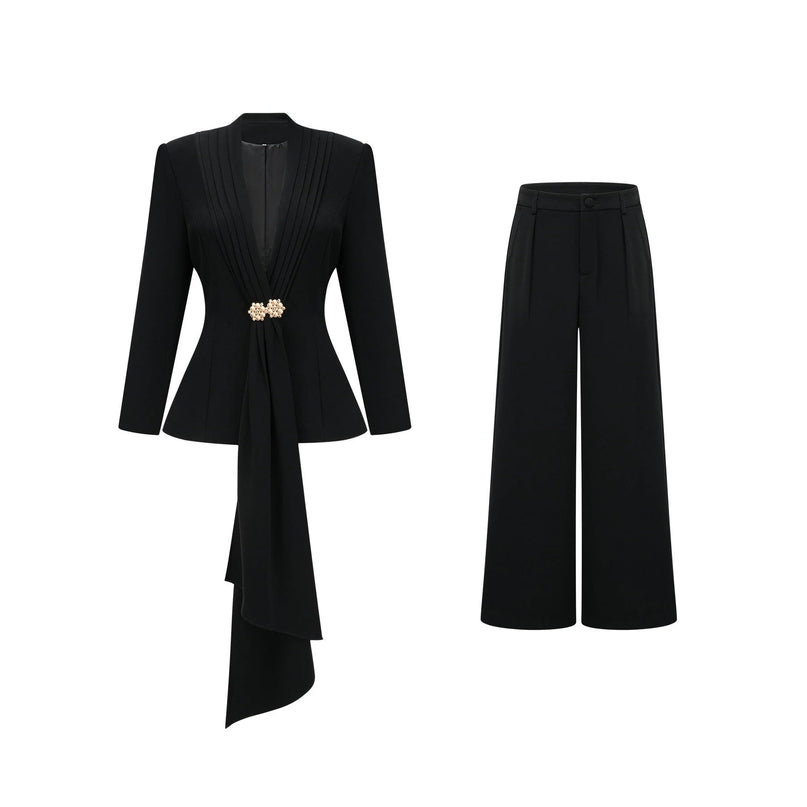 Barbara Black Jacket Trousers Pleated Ribbon Set