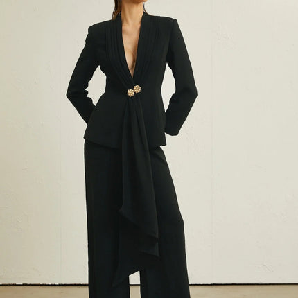 Barbara Black Jacket and Trousers Pleated Ribbon Set
