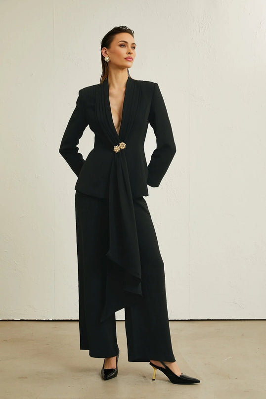 Barbara Black Jacket and Trousers Pleated Ribbon Set