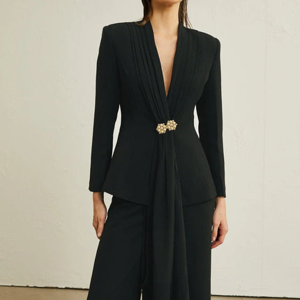Barbara Black Jacket Trousers Pleated Ribbon Set