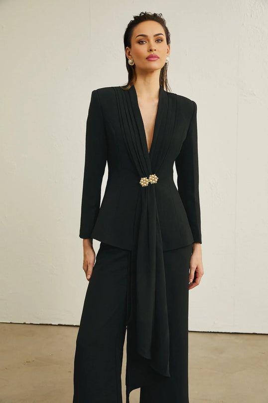 Barbara Black Jacket Trousers Pleated Ribbon Set