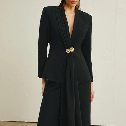 Barbara Black Jacket and Trousers Set Ribbon Detail Pleated Luxury Blend Nylon Rayon