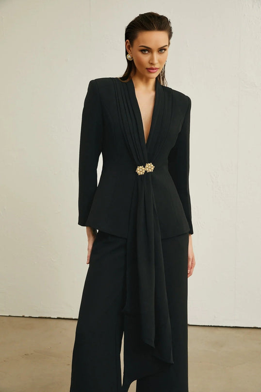 Barbara Black Jacket and Trousers Set Ribbon Detail Pleated Luxury Blend Nylon Rayon