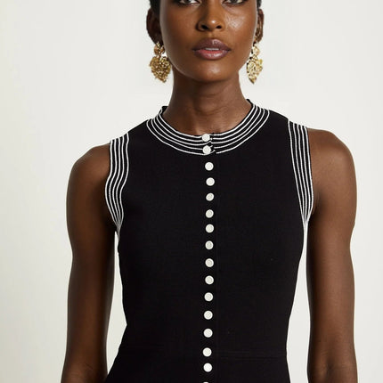 Barbara Black Mini Dress with Contrasting Trim and Front Press-Stud Fastening