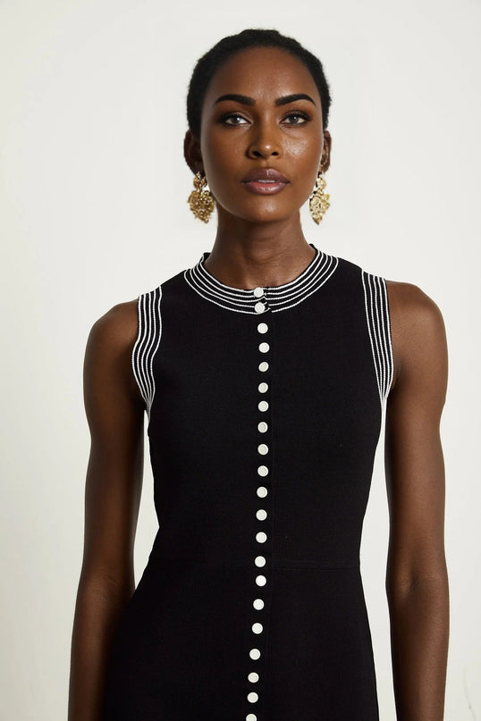 Barbara Black Mini Dress with Contrasting Trim and Front Press-Stud Fastening