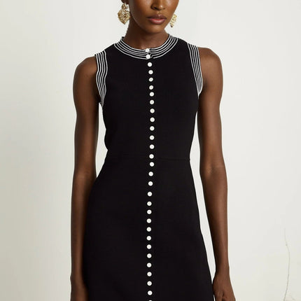 Barbara Black Knitted Mini Dress with Contrasting Trim and Press-Stud Fastening