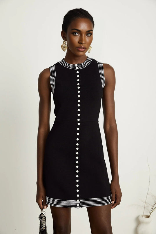 Barbara Black Knitted Mini Dress with Contrasting Trim and Press-Stud Fastening