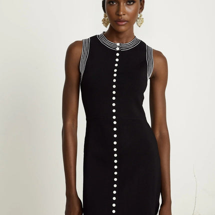Barbara Black Mini Dress Sleeveless Round Neck Fitted Waistline Knitted Construction