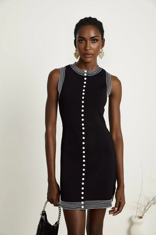 Barbara Black Mini Dress Sleeveless Round Neck Fitted Waistline Knitted Construction