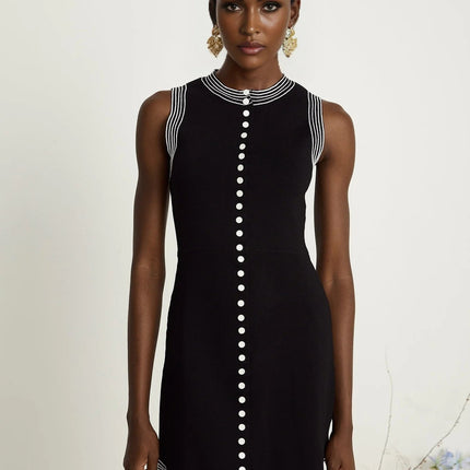 Barbara Black Mini Dress Round Neck Fitted Waistline Contrasting Trim Knitted Construction Press-Stud Fastening Thigh Length Viscose Polyamide Elastane