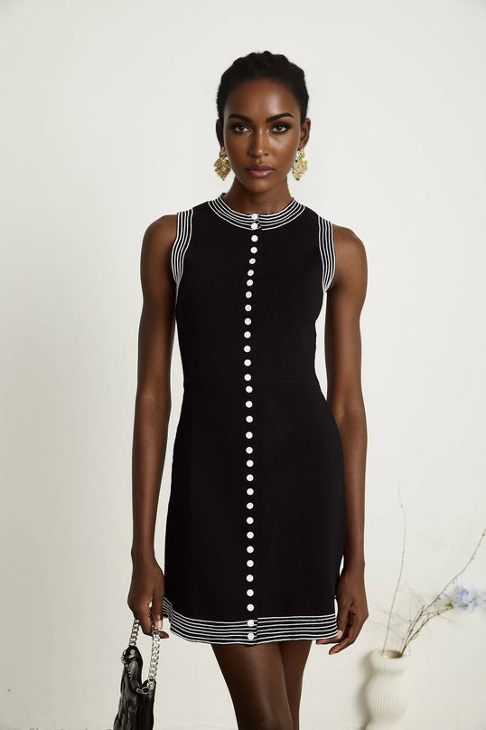 Barbara Black Mini Dress Round Neck Fitted Waistline Contrasting Trim Knitted Construction Press-Stud Fastening Thigh Length Viscose Polyamide Elastane