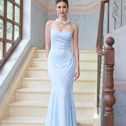 Barbara Blue Floral Jacquard Lace Trim Maxi Dress