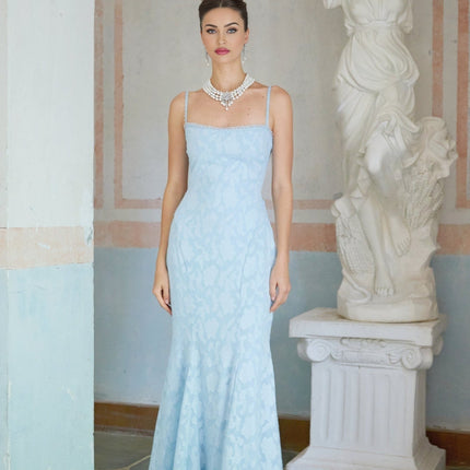 Barbara Blue Floral Jacquard Lace Trim Maxi Dress