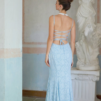Barbara Blue Floral Jacquard Lace Trim Maxi Dress