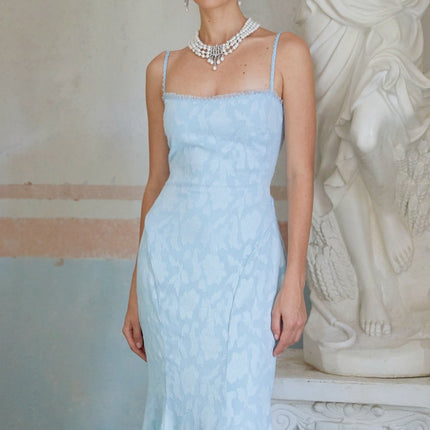Barbara Blue Floral Jacquard Maxi Dress Lace Trim Spaghetti Straps Flared Skirt Side Zip Fastening Rear Lace-Up Fastening 100% Terylene Fiber