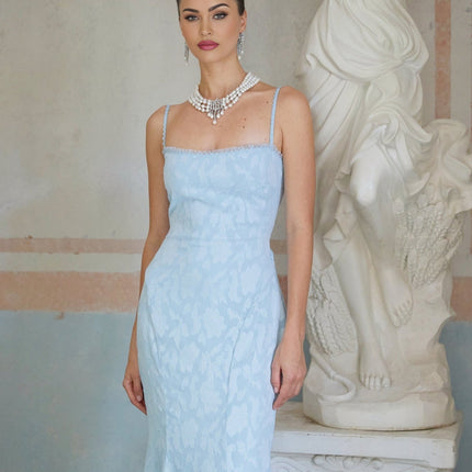 Barbara Blue Floral Jacquard Maxi Dress Lace Trim Spaghetti Straps Side Zip Fastening Rear Lace-Up Fastening 100% Terylene Fiber