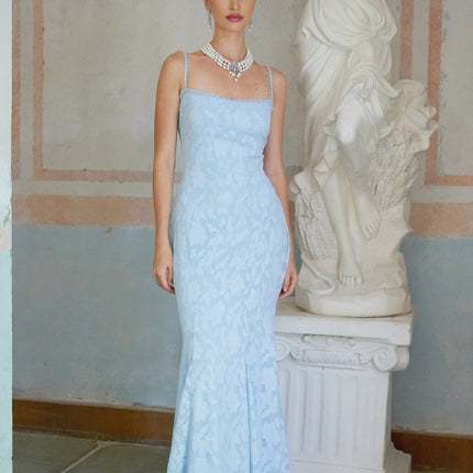 Barbara Blue Floral Jacquard Maxi Dress with Lace Trim and Spaghetti Straps