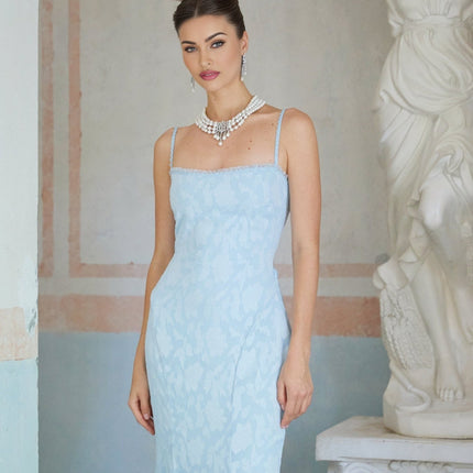 Barbara Blue Floral Jacquard Maxi Dress Lace Trim Spaghetti Straps Flared Skirt Luxury Terylene Fiber Side Zip Rear Lace-Up Fastening