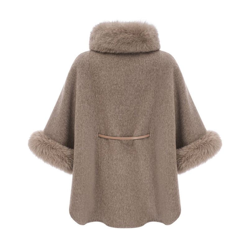 Barbara Brown Wool Coat with Fox Fur Trim and Cape Sleeves