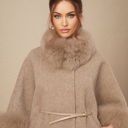 Barbara Brown Wool Coat with Fox Fur Trim and Cape Sleeves