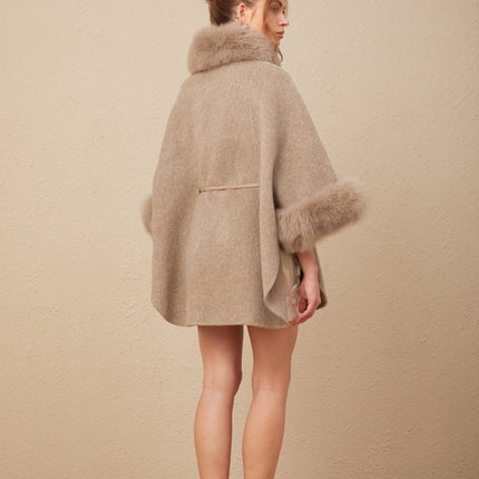 Barbara Brown Wool Fox Fur Coat with Cape Sleeves and Waist Belt