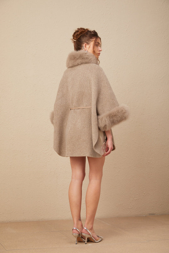 Barbara Brown Wool Fox Fur Coat with Cape Sleeves and Waist Belt