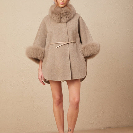Barbara Brown Wool Fox Fur Coat with Cape Sleeves and Adjustable Waist Belt