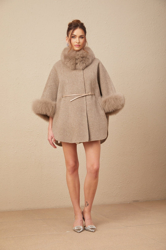 Barbara Brown Wool Fox Fur Coat with Cape Sleeves and Adjustable Waist Belt