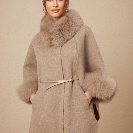 Barbara Brown Wool Fox Fur Coat with Cape Sleeves and Detachable Collar