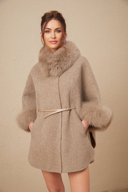 Barbara Brown Wool Fox Fur Coat with Cape Sleeves and Detachable Collar