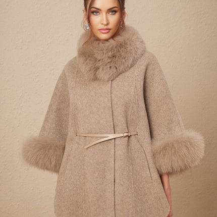 Barbara Wool Coat Brown Fox Fur Cape Sleeves Belted Elegant Glamour