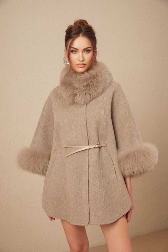 Barbara Wool Coat Brown Fox Fur Cape Sleeves Belted Elegant Glamour